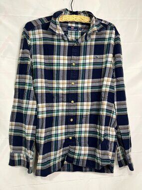 Vineyard Vines Flannel Plaid Women's Button Down Shirt Medium Blue Green Tan